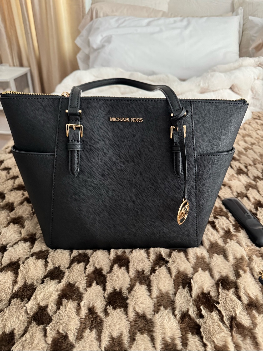 Michael Kors Black Saffiano Leather Tote with Gold Hardware